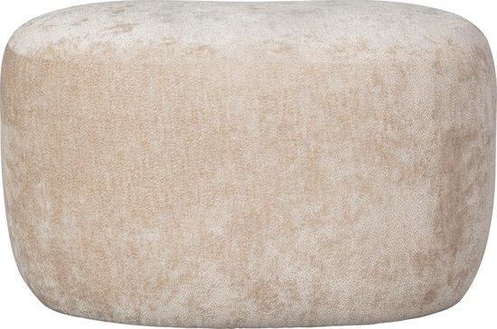 Een naturel fluwelen poef met een langwerpige, afgeronde vorm en een zachte glans.