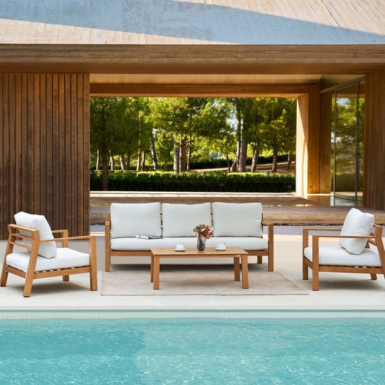 AXI Orla Canapé de jardin 4 pièces Aspect bois/beige - 2 Fauteuils de jardin et 1 canapé avec table - Structure en aluminium thermolaqué - 5 Personnes