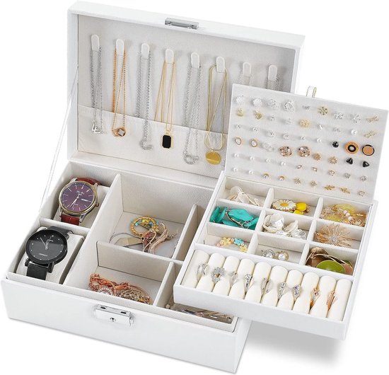 Larkumio Sieradendoos voor dames en meisjes, sieradenkistje Vuir PU, 2 lagen, afsluitbaar, voor halskettingen, oorbellen, armbanden (zwart
