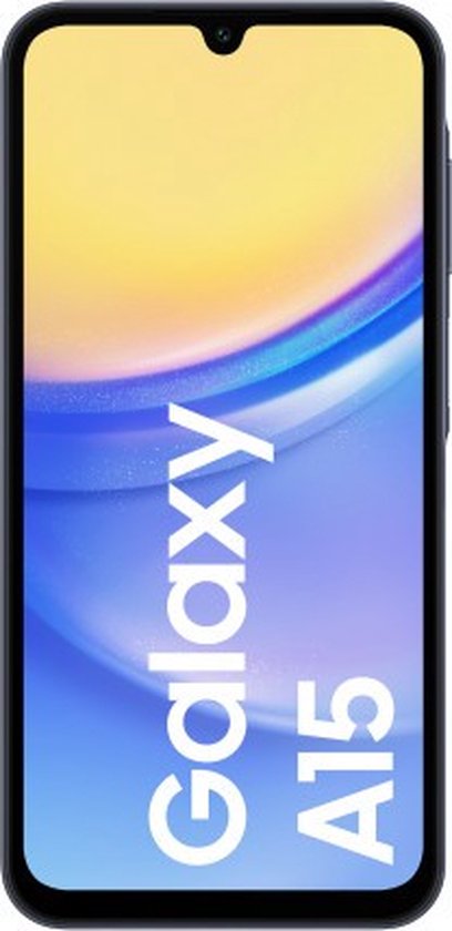 Donkerblauwe Samsung Galaxy A15 smartphone, recht van voren gezien, met tekst op het scherm.