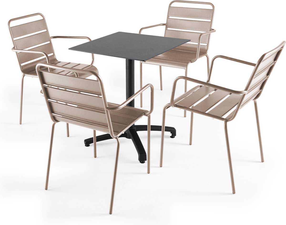 Oviala - Een tuintafel met leistenen grijze laminaat en 4 taupe fauteuils