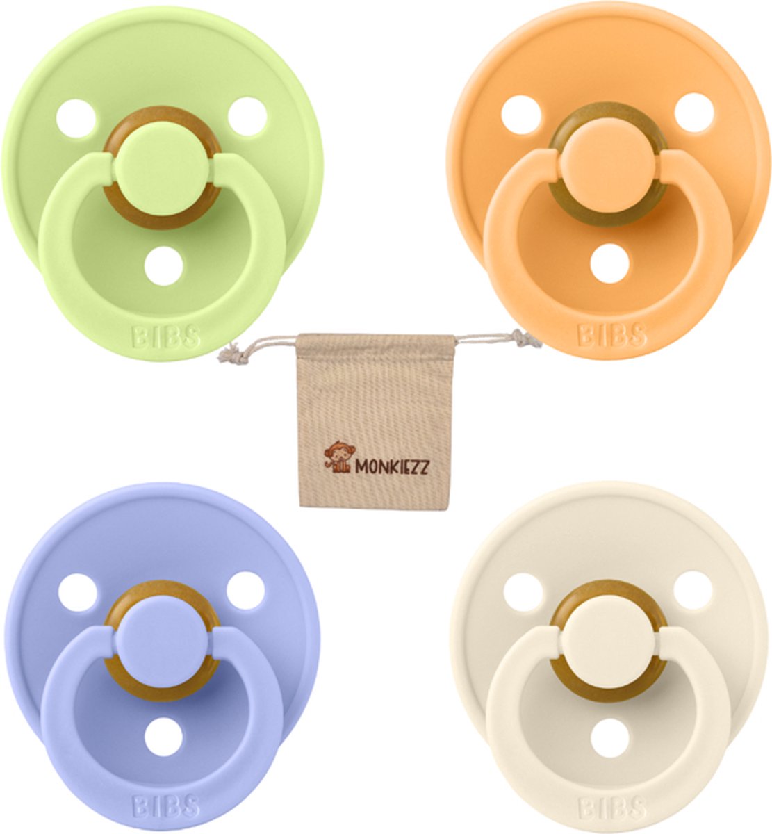 Goedkoopste Bibs fopspeen - maat 1 0-6 maanden - 4 stuks – Ivory - Hush – Macha – Sunkissed Monkiezz speenzakje