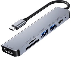By Qubix – USB C Hub HDMI – 6in1 – Universeel – 1x 4k HDMI – 2x USB 3.0 – 2x kaartlezer – 1x USB C – Space gray