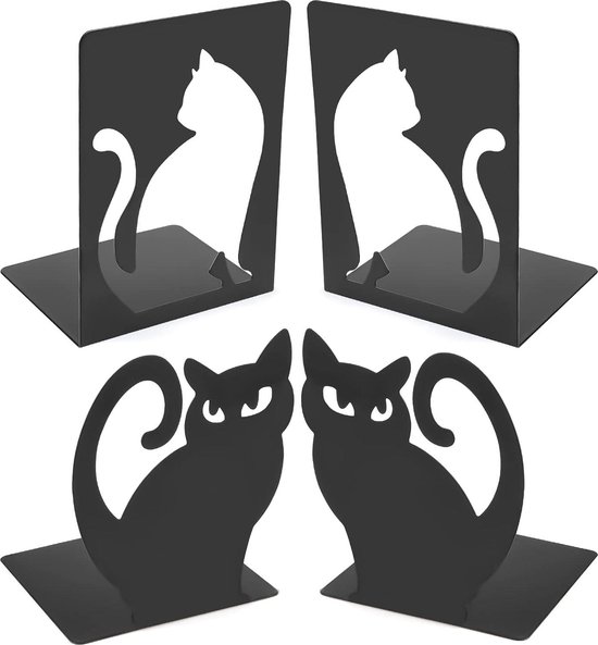 Boekensteunen metaal kat antislip boekenstandaard zwart - voor boeken dvd's - huis en school book ends