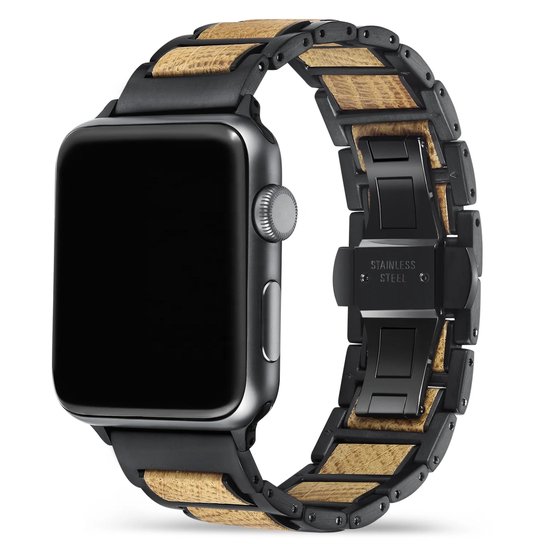 Apple Watch-bandje - Eikenhout en zwart staal 42-45 mm