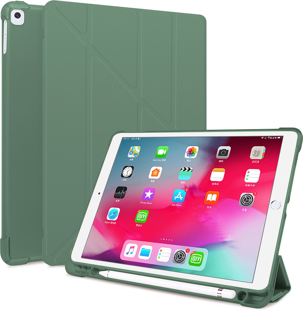 Tablet hoes geschikt voor iPad Hoes 2021 - 9e generatie - Met Pencil Houder - 10.2 inch - Smart Cover - Groen