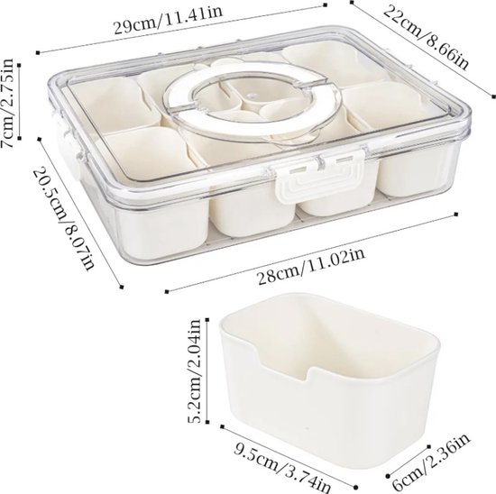 Snack met vakken, snackbox, snackschaal met deksel en handvat