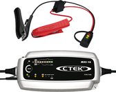 CTEK MXS 10 acculader met rode en zwarte klemmen, stekkers en indicatorlichtjes.