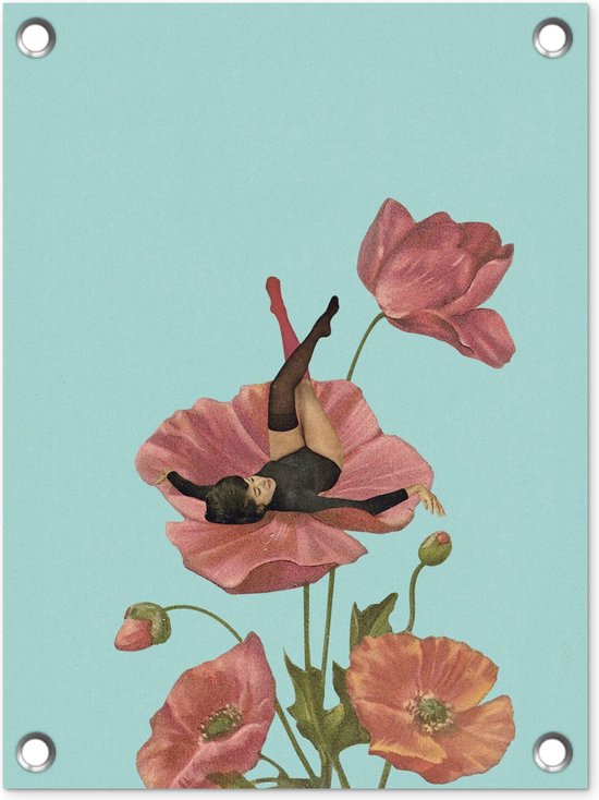 Tuinposter - Vrouw - Bloemen - Vintage - Poster voor buiten - Wanddecoratie - Schuttingdoek - Tuinschilderij - 30x40 cm - Tuindoek - Buitenposter