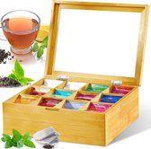 Theedoos van hout met 12 vakken - Theekist 28 x 22.5 x 9 cm voor theezakjes - Flexibel verstelbare vakken - Aromabeschermde opslag van thee tea bag organizer