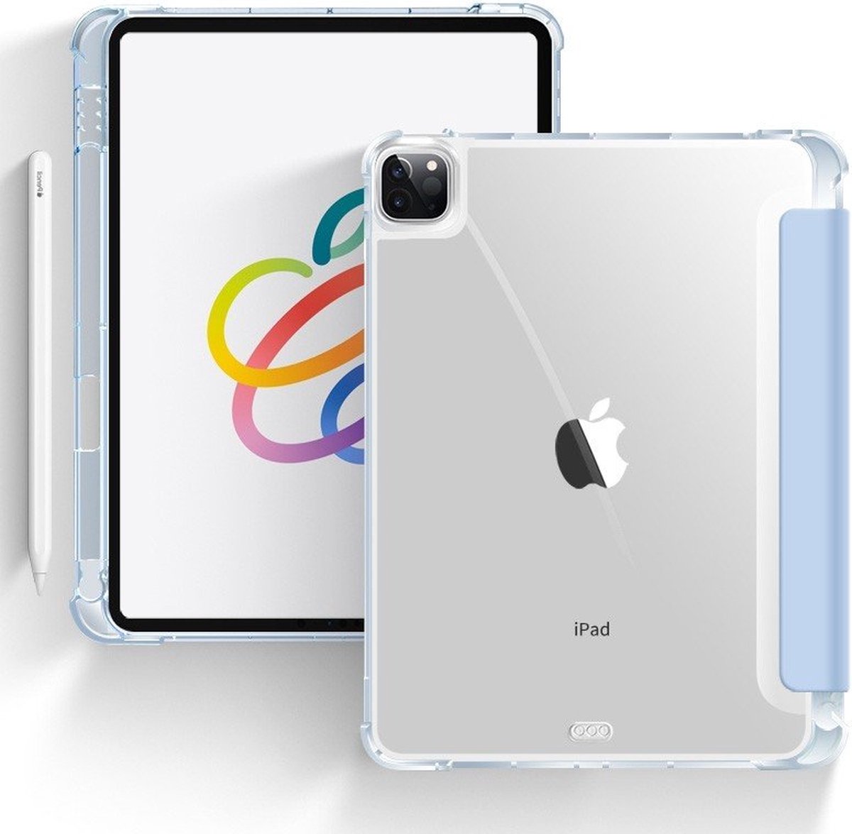 Hoes geschikt voor iPad Pro 13 inch 2024 | Tri-Fold Clear Back Case | Transparante achterkant | Auto wake/sleep | Ingebouwde standaard | Verstevigde hoeken lichtblauw