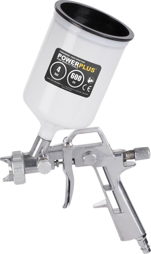 Zilverkleurige verfspuit met wit reservoir van 600cc.
