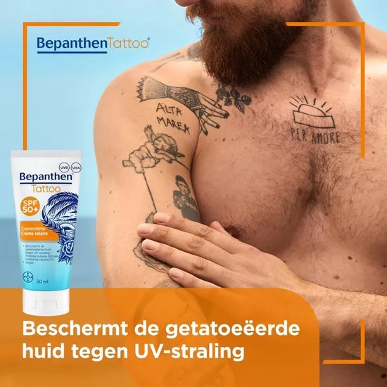 ​Bepanthen Tattoo Zonnecrème SPF 50+ | 50 ml | Beschermt en Hydrateert Getatoeëerde Huid | Behoudt Kleurintensiteit | Waterafstotend en Snel Intrekkend​