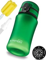 Minny Drinkfles voor kinderen, lekvrij, met rietje of zeef, lichte Tritan waterfles, BPA-vrij, voor kleuterschool, school (groen, 350 ml)