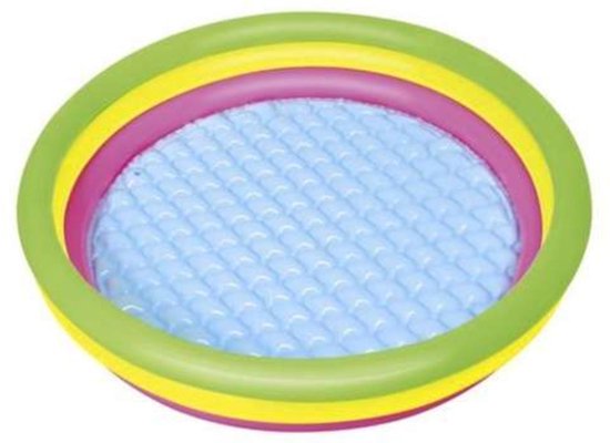Opblaasbaar zwembad met drie gekleurde ringen: groen, geel en roze. Met lichtblauwe bodem.