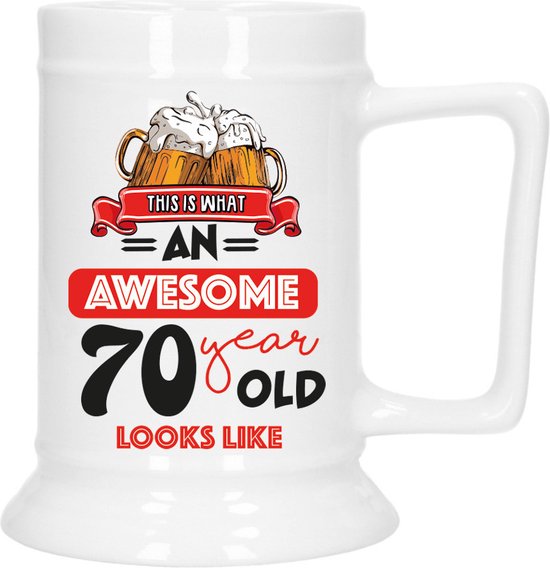 Bellatio Décoration Cadeau Chope à Bière pour 70 Ans - rouge - chope à bière drôle d'âge - 530 ml