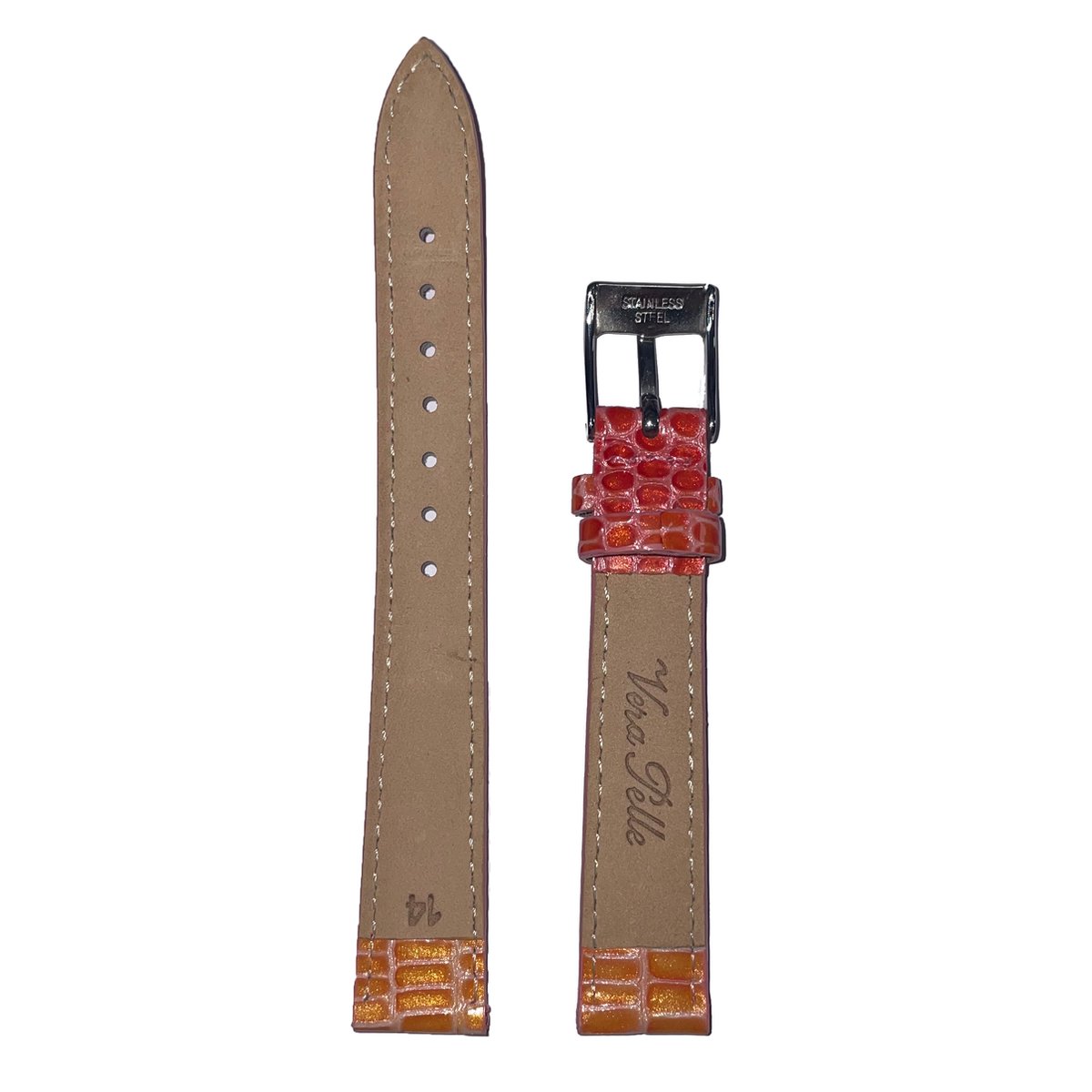 Horlogeband - 14mm - Rood - Echt leer in slangen print - Roestvrijstalen gesp