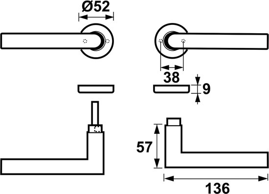 Technische tekening met afmetingen van twee deurkrukken met ronde rozetten.