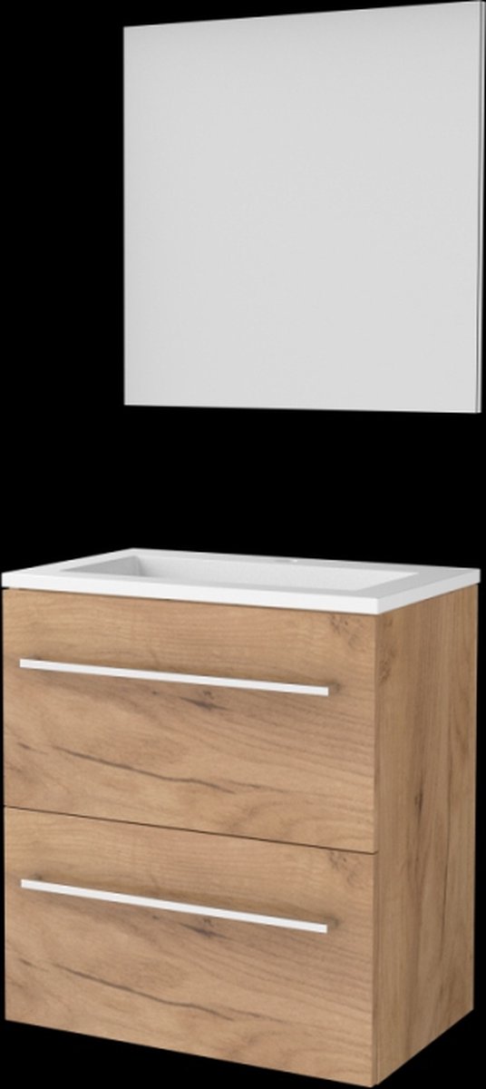 Basic-Line Basic 39 Badkamermeubelset - Ondiep - 60 x 39 cm - Met Grepen - 2 Lades - Acryl Wastafel - 1 Kraangat - Spiegel - Whisky Oak