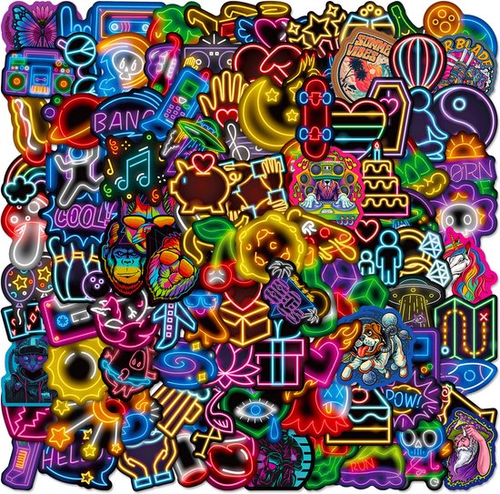 100 Neon Verlichting Stickers – 4 Vel – Laptopstickers/Feest Stickers/Koelkaststickers