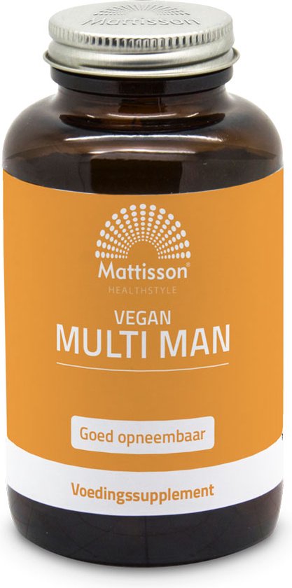 Bruine glazen pot met MATTISSON HEALTHSTYLE VEGAN MULTI MAN, met oranje label.