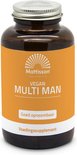 Bruine glazen pot met MATTISSON HEALTHSTYLE VEGAN MULTI MAN, met oranje label.