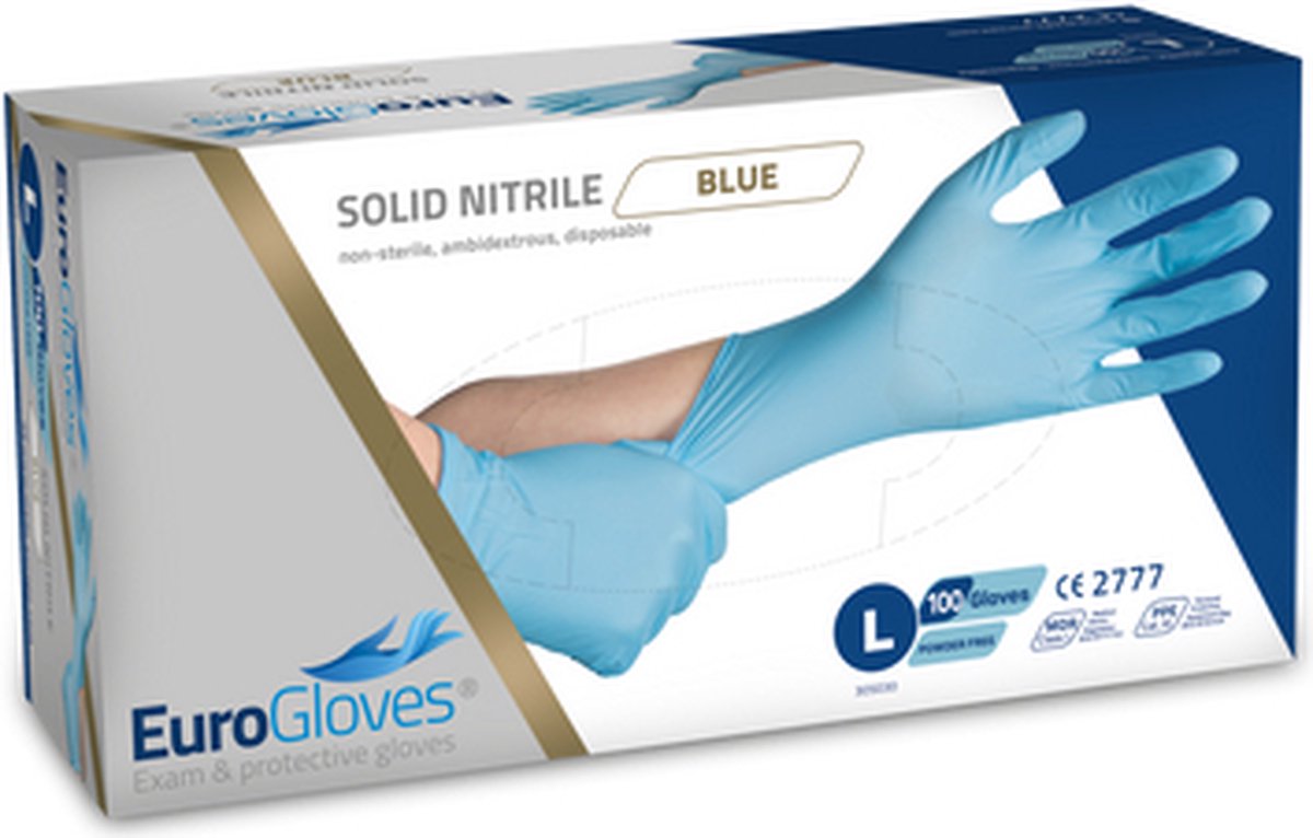 Goedkoopste Eurogloves handschoenen solid-nitrile poedervrij blauw - Large- 100 x 100 stuks voordeelverpakking