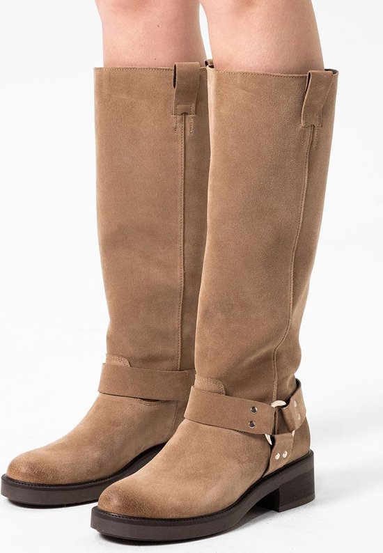 Sacha - Dames - Taupe suède hoge biker boots - Maat 36