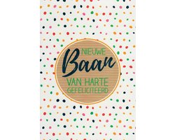 Van harte gefeliciteerd met je nieuwe baan! Een mooie kaart met allerlei stippen in verschillende kleuren. Een leuke kaart om zo te geven of om bij een cadeau te voegen. Een dubbele wenskaart inclusief envelop en in folie verpakt.