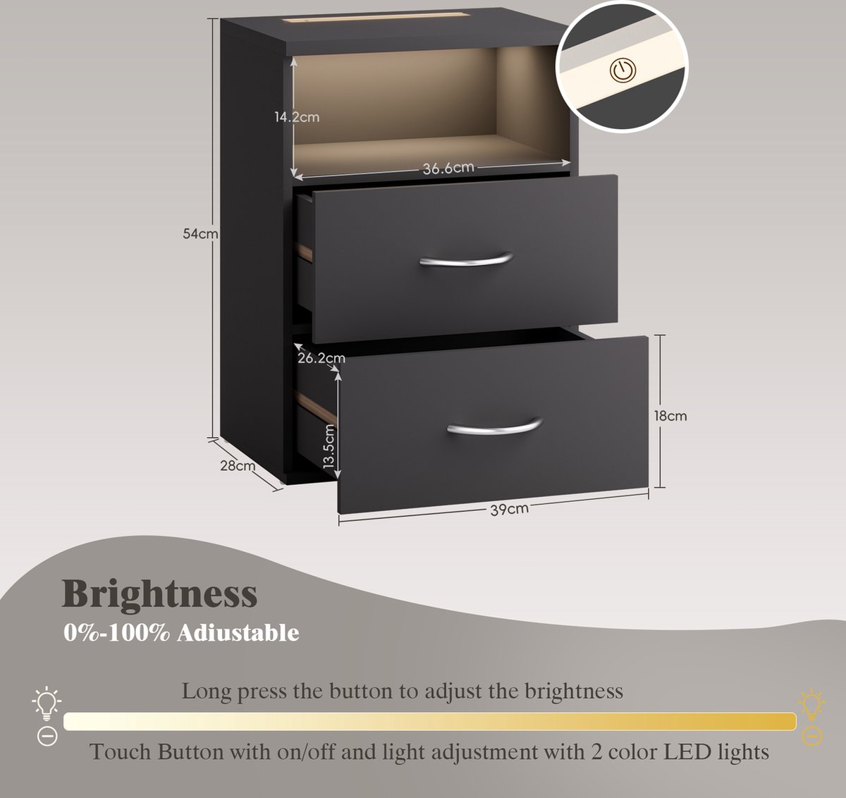 CASARIA® Set 2 Houten Nachtkastjes 54x39x28cm 3 Led-Lades Kabeldoorvoer Wandmontage Boxspring Nachttafeltje Ladekastje Grijs