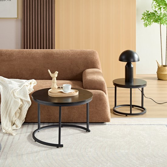 Home-Heaven® Salontafels Rond Zwart Hout – Bijzettafel Set Van 2 – Salon tafel Ø60cm & 40cm