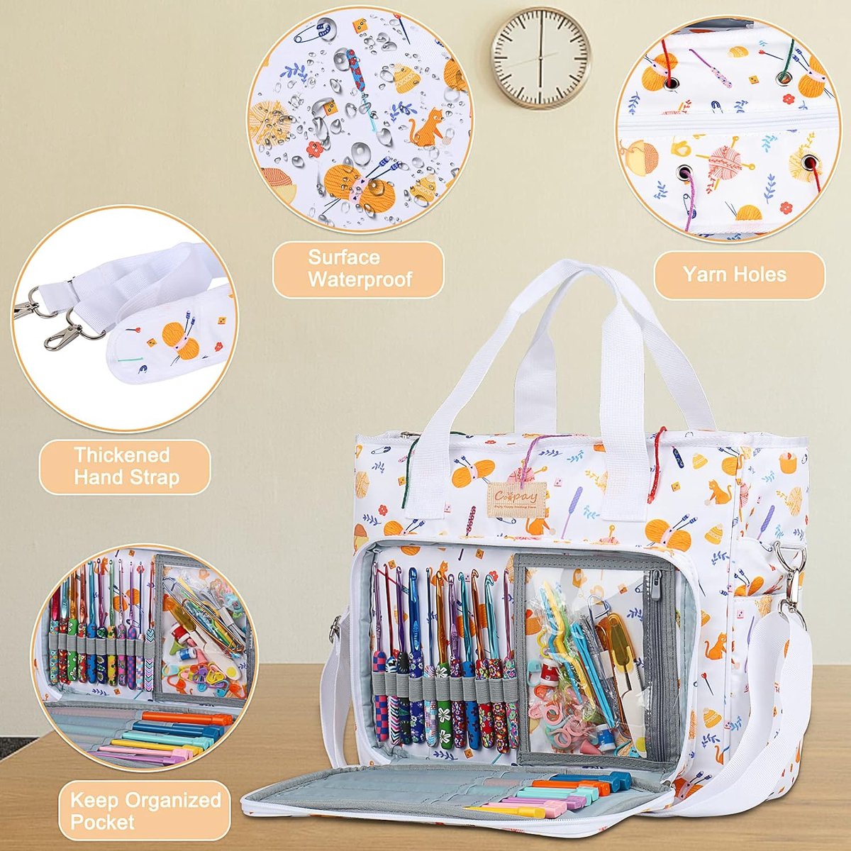 Grote haaktas, gebreide draagtas, update, grotere haaktas, reiskaren, tas met schouderriem, lichte knutselorganizer en opslag voor alle gebreide haakaccessoires, wit