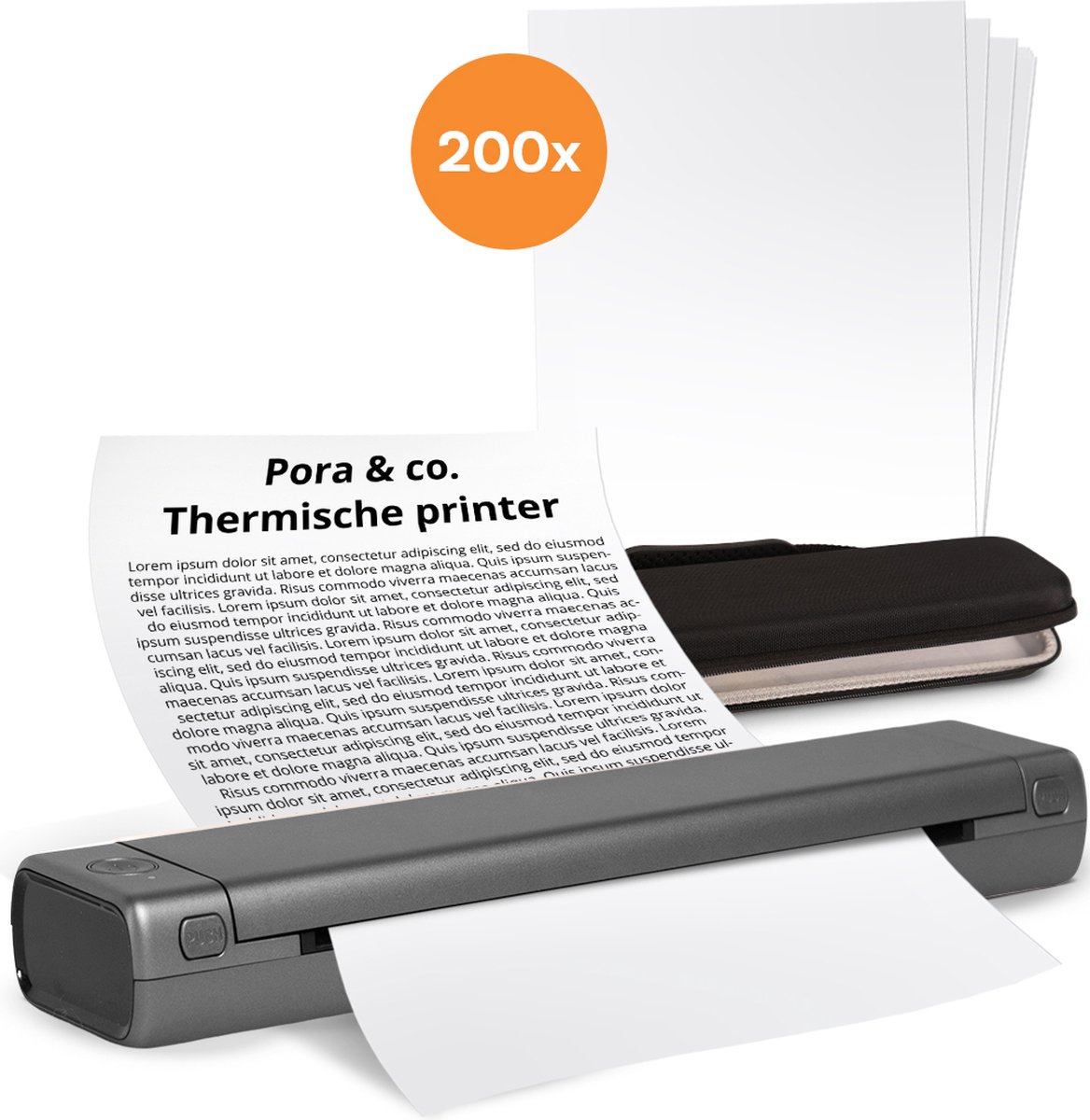 Pora&Co - Thermal Printer - Portable Printer A4 - Draagbare Printer A4 - Incl. 200 Vellen + Draagtas - Afdrukken met Telefoon of Computer - Thermische Printer - Grijs