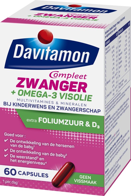 Davitamon Mama Compleet Zwanger Omega 3 Visolie met Foliumzuur - Multivitamine zwangerschap met vitamine D3 - 60 stuks zwangerschapsvitaminen - Davitamon