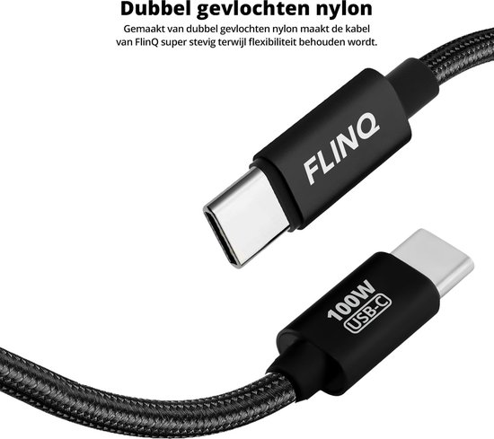 FlinQ - 2x USB C naar USB C Kabel 100W - Snellader voor Smartphone, Tablet - Zowel Datakabel als Oplader - 2 Meter Lange Nylon Oplaadkabel