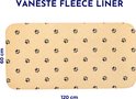 Een rechthoekige gele fleece liner van 120x60 cm met een pootjesprint.
