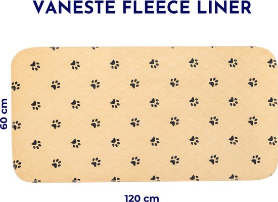 Een rechthoekige gele fleece liner van 120x60 cm met een pootjesprint.
