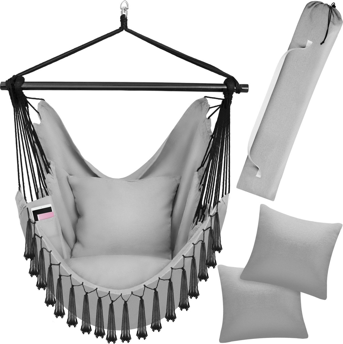 Bol.com tectake® Hangstoel voor binnen of buiten - Weerbestendig - Met tabletvak en bekerhouder - Macramé schommel voor balkon e... aanbieding
