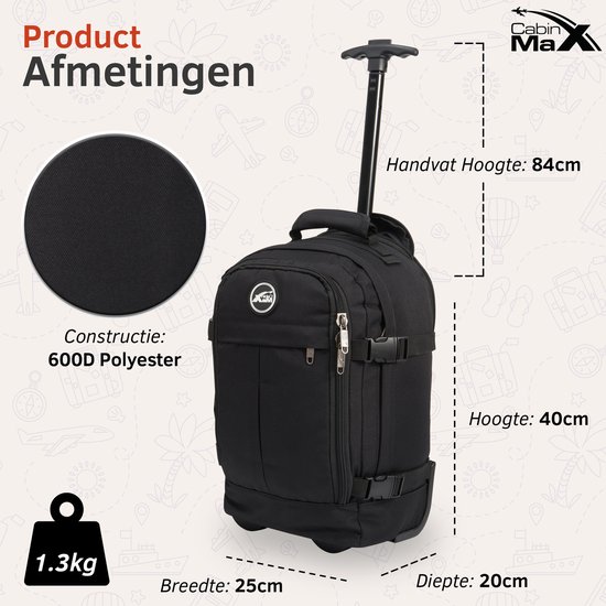 CabinMax Metz Hybrid Reistas – Handbagage Ryanair 20L – Rugzaktrolley – Rugzak - 40x25x20 cm – Compact Backpack – Lichtgewicht – Zwart