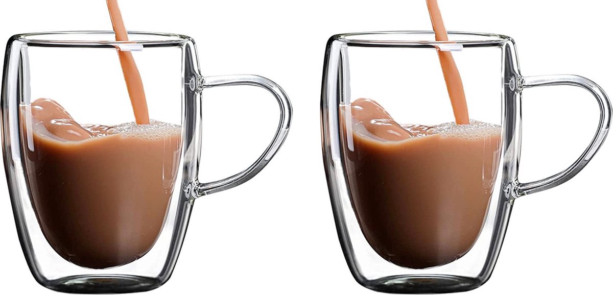 MONOO Dubbelwandige Koffieglazen - 350ml met Oortje - Set van 2 - Cappuccino Glazen - Latte Macchiato Glazen