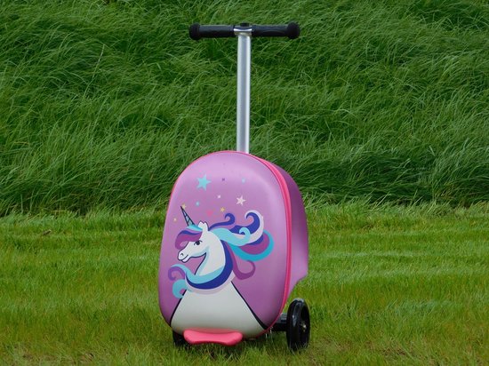 Kidiyana Scooterkoffer voor kinderen met wielen en led-wielen, in hoogte verstelbaar stuur, A5-kijkvenster, uitbreiding van de opbergruimte met 7 cm, geschikt als handbagage