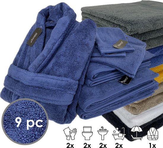 iSleep Terry Badtextiel - Voordeelset (9 delig) - 1x Badjas - Maat XL - 2x Washandje 16x22 cm - 2x Gastendoekje 30x50 cm - 2x Handdoek 60x110 cm - 2x Badlaken 70x140 cm - Donker Blauw