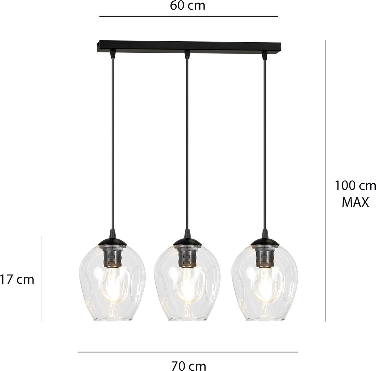 Emibig Nokia lange 3L transparant glas hanglamp 3x E27 - Perfecte verlichting voor elke ruimte