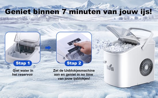 Stappenplan voor de Bardi ijsblokjesmachine: water toevoegen en aanzetten voor snel ijs.