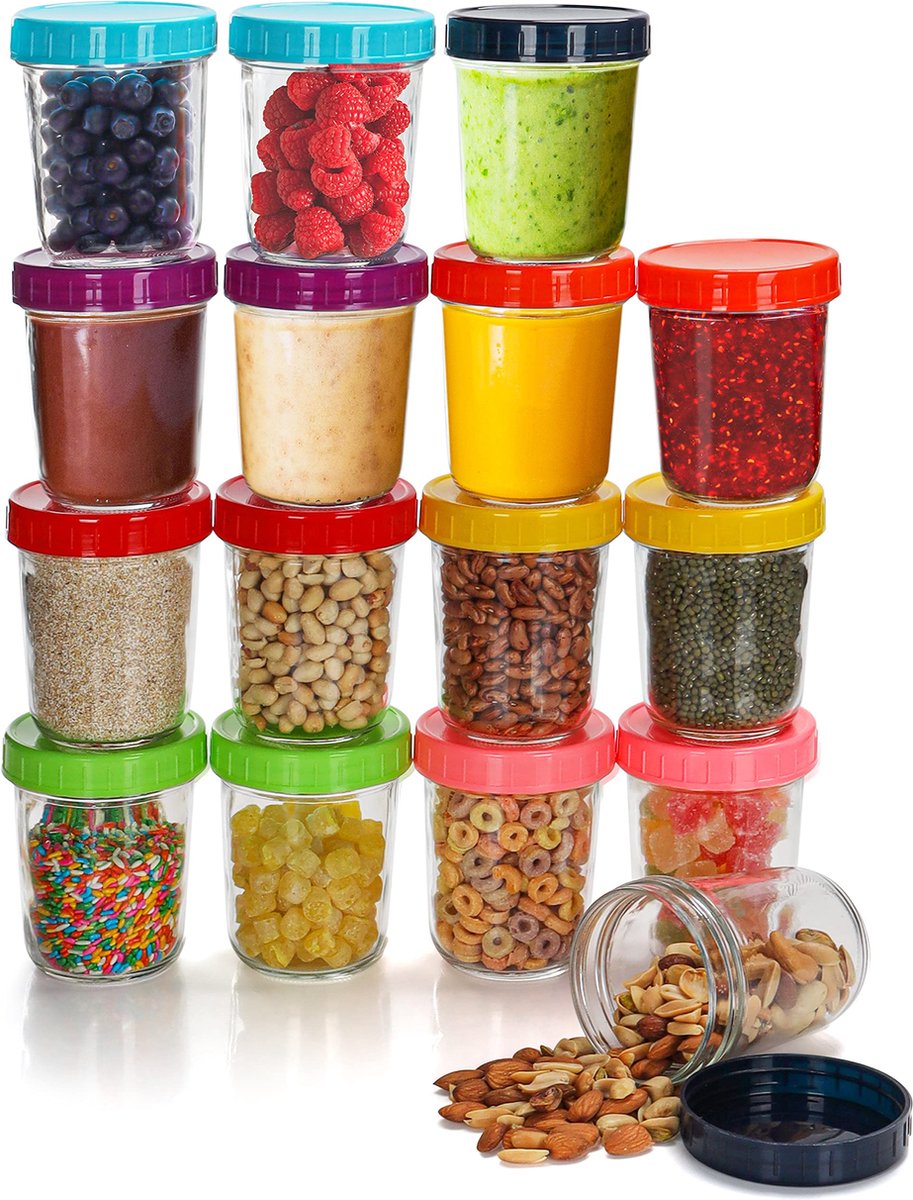 Goedkoopste Belle Vous 16 Pak Glazen Babyvoeding Opslag Potten met Plastic Deksels - 350 ml Kleine Heldere Luchtdichte Herbruikbare Containers - BPA & Loodvrij - Vaatwas, Magnetron Veilig - Voor Snacks