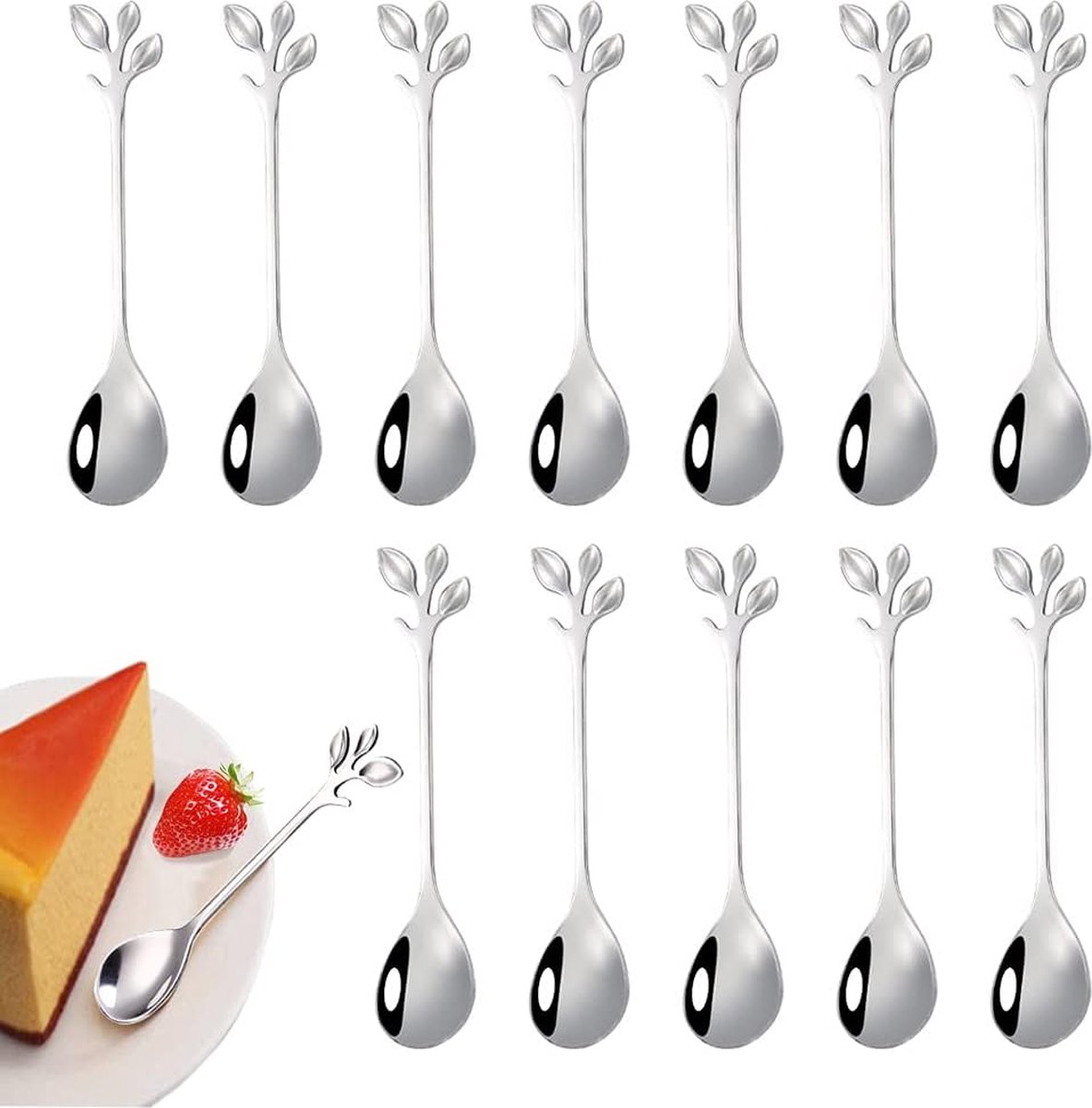Pakket van 12 roestvrijstalen koffielepels mini-koffielepels dessertlepels met takontwerp gebruikt voor water thee melk koffie dessertdrankjes gebruiksvoorwerpen gemengde milkshake (zilver)
