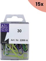 15x Paperclips Alco 50mm rond assorti kleuren 30 stuks in doos