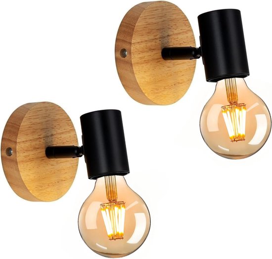 Delaveek-Ijzeren wandlamp-hout+zwart- two pack-10*10*11cm- E27 (lichtbron niet inbegrepen)