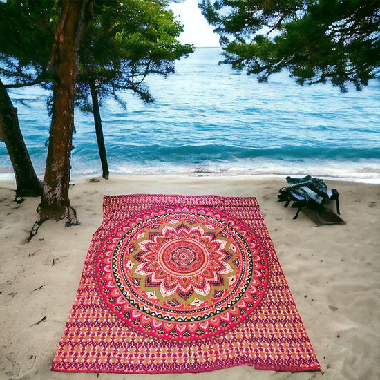 Groot serviette de plage - Couverture de plage 2 personnes - 210x230 - Rouge/vert - Mandala - serviette de plage