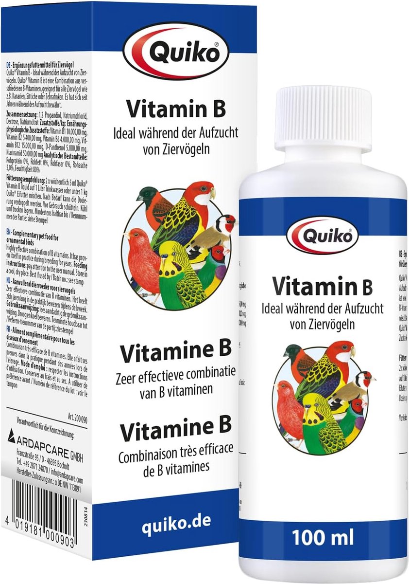 Quiko- Vitamine B- Vloeibaar- 100 ml- Binnenvogels- Vitamines- Quiko Vitamine B complex 100 ml